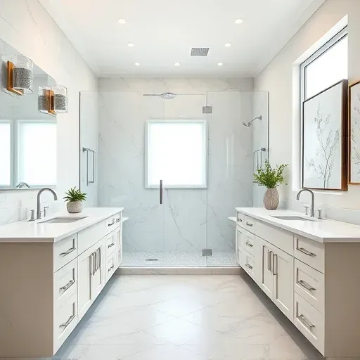 Renovated Sandy Spring MD bathroom with modern fixtures, walk-in shower, marble countertops, stylish cabinetry, and natural lighting