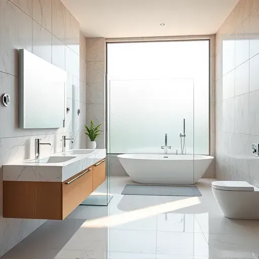 Renovated modern bathroom in Rockville Maryland with marble countertops, frameless glass shower, large ceramic tiles, and LED-lit mirror