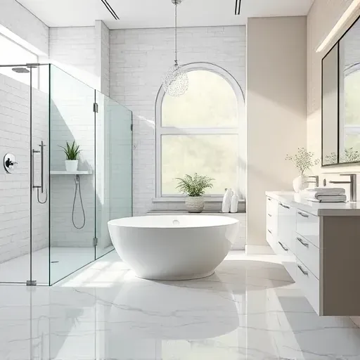 Beautiful remodeled bathroom in Gaithersburg MD with modern fixtures, freestanding tub, walk-in shower, marble counters, and natural light