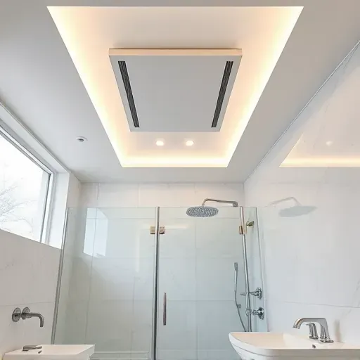 Modern bathroom with sleek lighting fixtures, polished tiles, glass shower, and neutral tones in Rockville Maryland