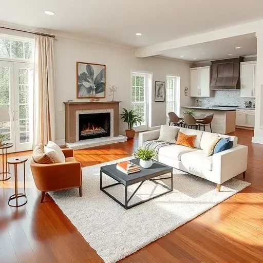 Newly remodeled living room in McLean VA with modern classic design, elegant windows, a cozy fireplace, and stylish furnishings.