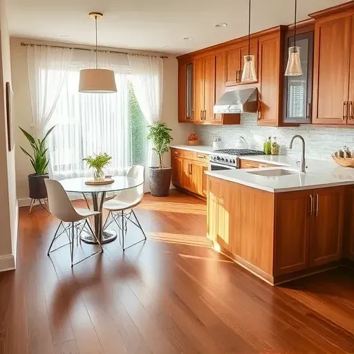 Completed kitchen remodeling in Herndon VA features warm wood cabinetry, white countertops, and stainless steel appliances.