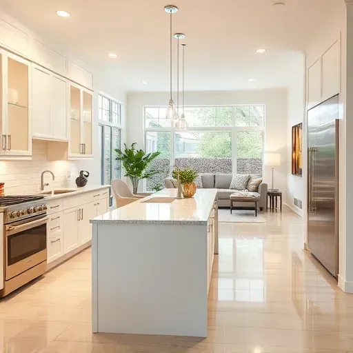 Modern remodeled kitchen in Oxon Hill MD with sleek cabinetry, quartz countertops, and cozy living area, inviting ambiance.