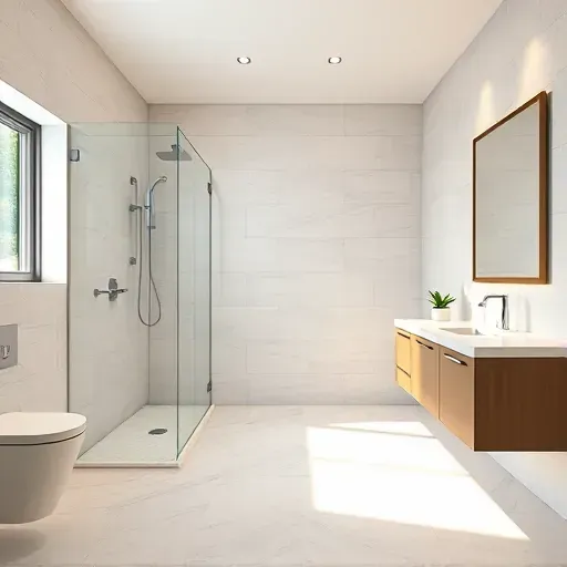 Renovated Aspen Hill MD bathroom with modern fixtures, marble countertops, glass shower, subway tiles, and natural light