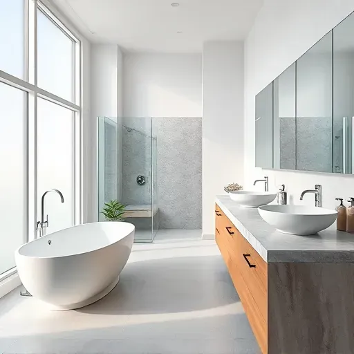 Remodeled Chevy Chase bathroom with modern freestanding tub, walk-in shower, double vanity, natural light, and elegant finishes