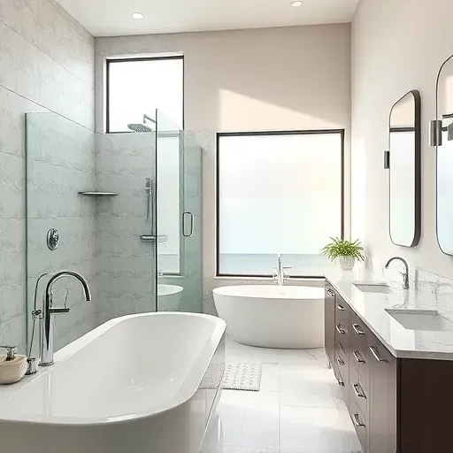 Modern remodeled Kensington MD bathroom with walk-in glass shower, freestanding tub, marble countertops, and elegant decor