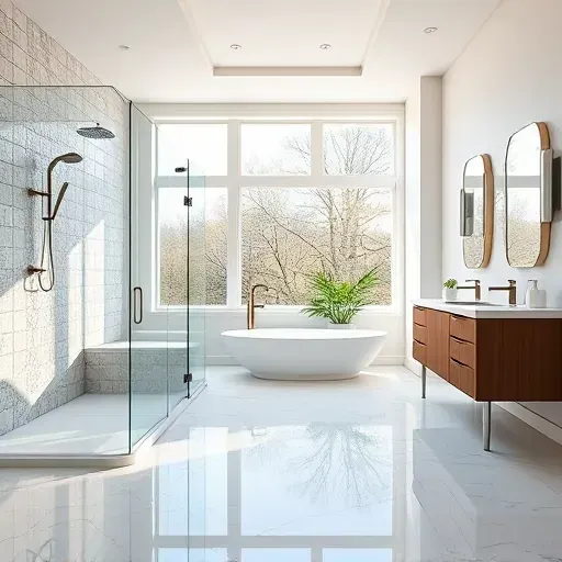 Freshly renovated McLean VA bathroom with modern fixtures, glass shower, freestanding tub, and polished marble flooring.
