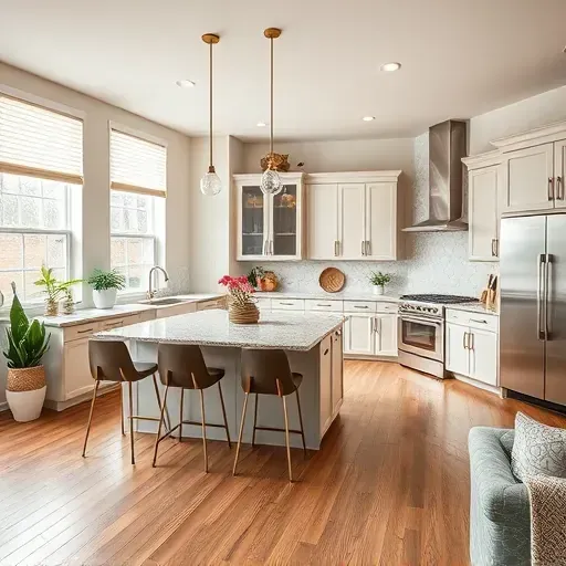 Modern kitchen remodel in Kensington MD with sleek cabinetry, granite counters, natural light, and elegant decor.