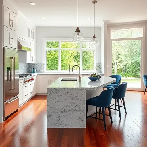 Modern kitchen remodel in Wheaton MD featuring white cabinetry, granite island, and natural light from large windows.