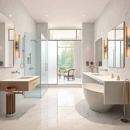 Completed bathroom remodel in Greenbelt MD featuring marble tiles, glass shower, freestanding tub, and modern fixtures.