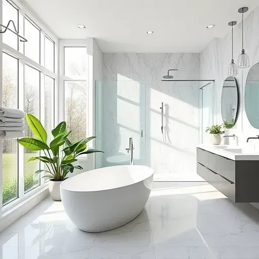 Freshly remodeled bathroom in Rockville, MD features a freestanding tub, glass shower, marble tiles, and modern fixtures.