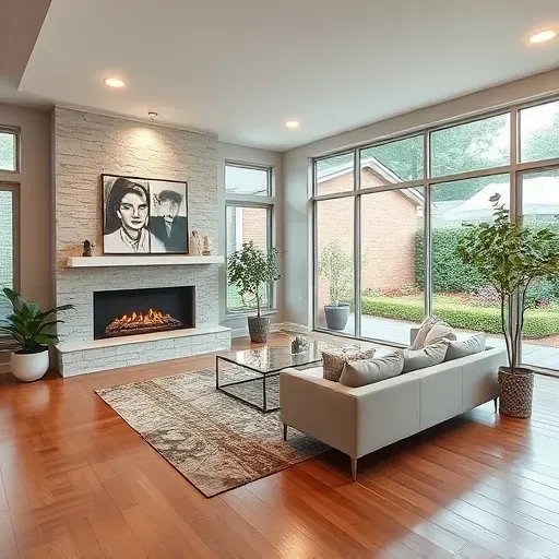 Modern living room in Germantown MD features open floor plan, natural stone fireplace, and vibrant garden views.