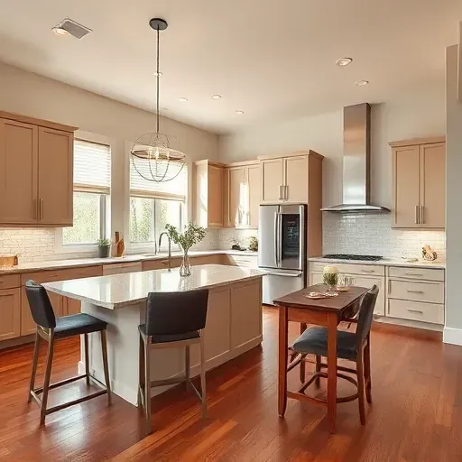 Luxurious modern kitchen in Reston VA with granite island, stylish stools, and elegant lighting in a remodeled home.