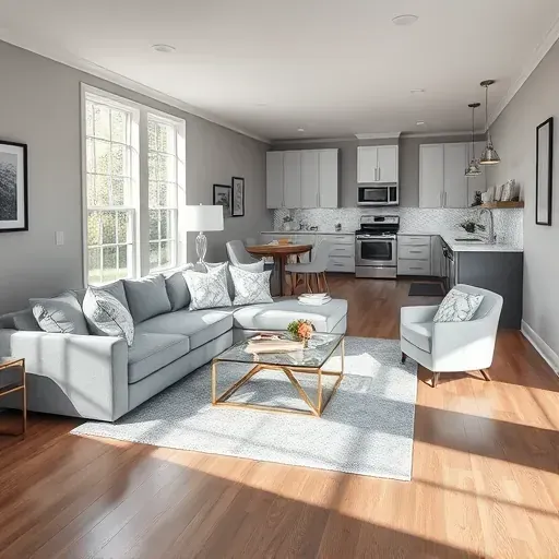 Stylish living room in Potomac MD featuring gray and white tones, modern furnishings, and an open kitchen design.