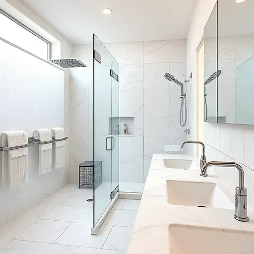 Remodeled Silver Spring bathroom with glass shower, marble countertops, neutral tones, natural light, and modern fixtures