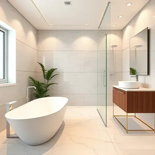 Freshly renovated modern bathroom in Fort Washington MD featuring sleek lines, freestanding tub, walk-in shower, and hardwood vanity.