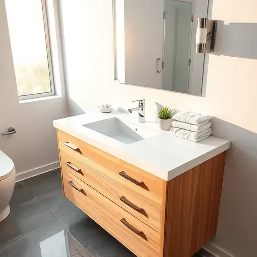 Modern bathroom vanity with white quartz countertop, undermount sink, chrome faucet, natural wood finish, and large frameless mirror.