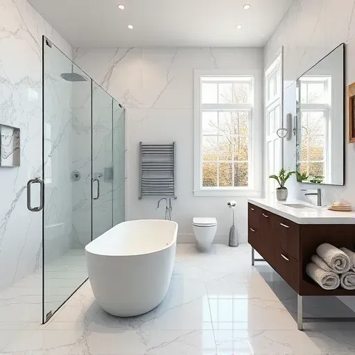 Remodeled Wheaton Maryland bathroom with frameless shower, marble tiles, freestanding bathtub, dark wood vanity, and modern details