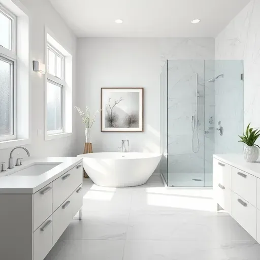 Renovated Darnestown bathroom with white marble countertops, soaking tub, glass shower, natural light, and modern decor