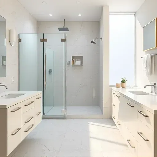 Newly renovated bathroom in Rockville MD with modern fixtures, walk-in shower, marble countertops, and elegant tiles.