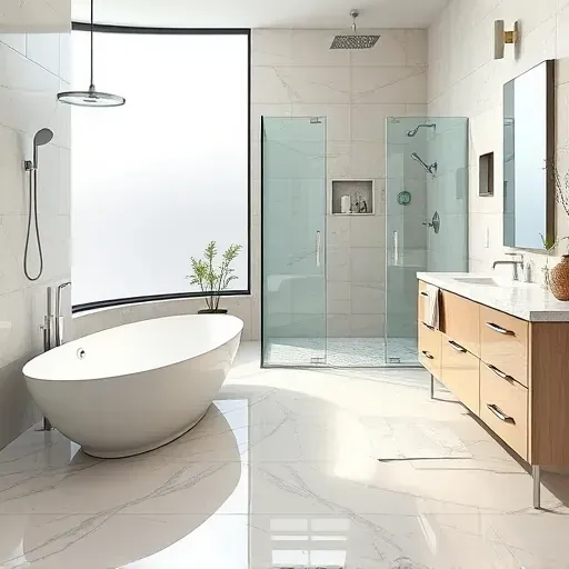 Renovated Darnestown MD bathroom with marble flooring freestanding tub glass shower vanity with marble top neutral textured tiles