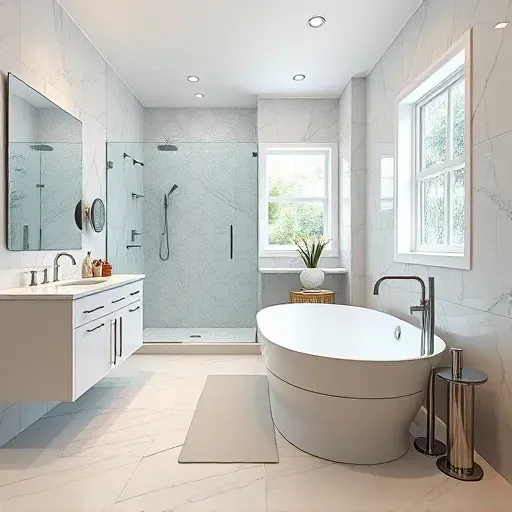 Completed bathroom remodel in Rockville MD with modern fixtures, walk-in shower, marble tiles, and ambient lighting.