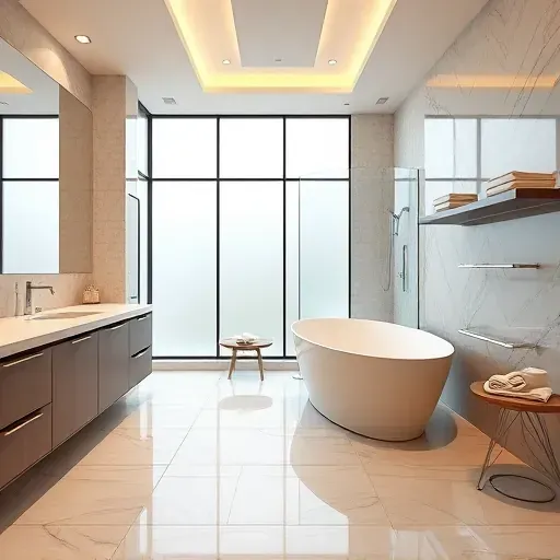 Bright renovated Brookeville bathroom with modern fixtures, marble countertops, freestanding tub, tiled shower, and natural light