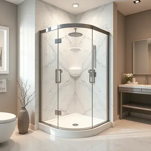 Renovated modern shower in Rockville MD with polished marble tiles glass doors stainless fixtures and clean design