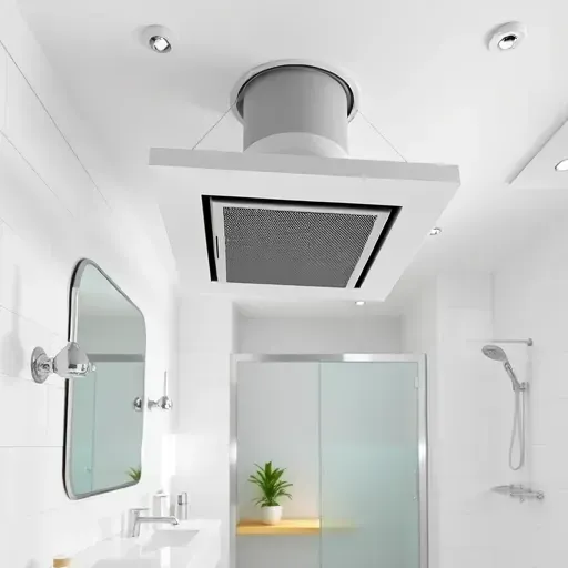 Seamless bathroom exhaust fan installation in a modern upscale bathroom with white tiles chrome fixtures and minimalist decor