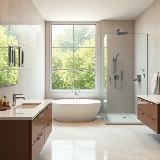 Renovated Rockville MD bathroom with modern fixtures, freestanding tub, walk-in shower, marble countertops, and natural light.