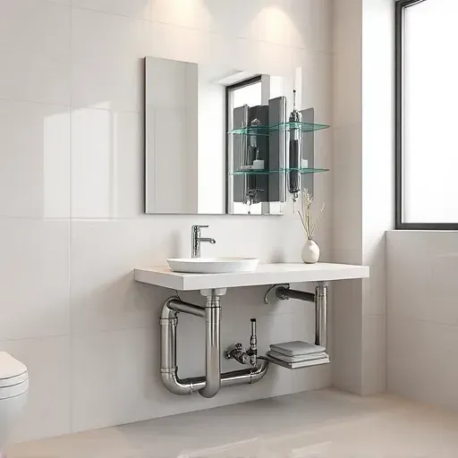 Bathroom plumbing installation with metal pipes chrome fixtures modern vanity neutral tiles natural light in Rockville MD