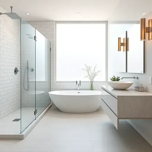 Beautiful renovated Alexandria bathroom with walk-in shower, sleek fixtures, marble vanity, and natural light loft style