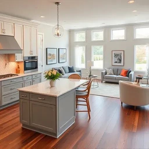 Modern open-concept living space in Derwood MD featuring a sleek kitchen, cozy seating, and natural light.