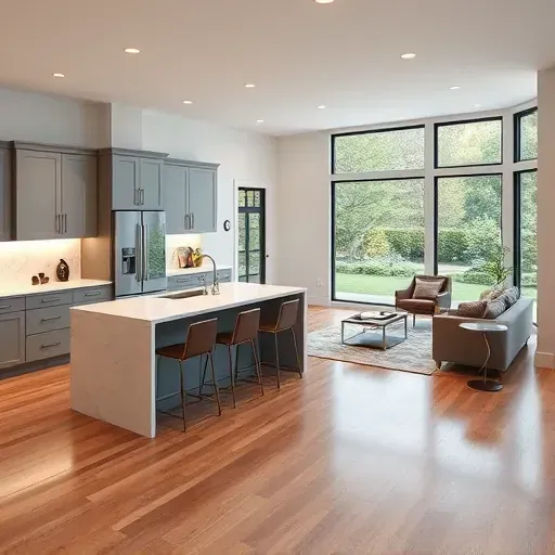 Completed home remodeling in Burtonsville MD featuring a modern kitchen with custom grey cabinetry and white quartz countertops.