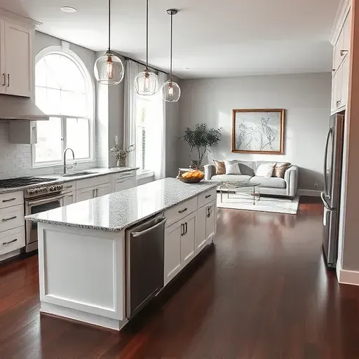 Renovated kitchen in Germantown MD with granite island, stainless appliances, custom cabinetry, and natural light.