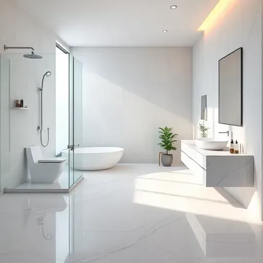 Renovated Springfield VA bathroom with marble flooring, glass shower, freestanding tub, minimalist vanity, and modern decor