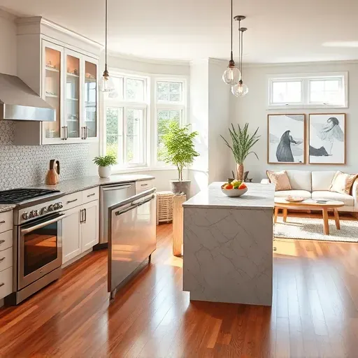 Modern kitchen remodel in Washington DC featuring sleek cabinetry, stainless steel appliances, and a spacious island with fruit.