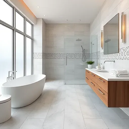 Modern spacious bathroom in Springfield VA with freestanding tub, walk-in shower, dual vanity, and elegant tile accents