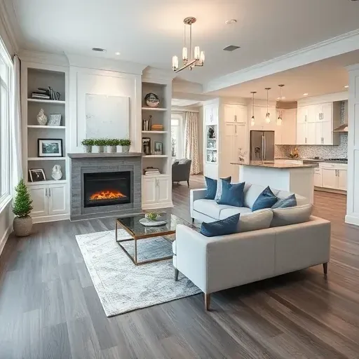 Renovated living room in Hyattsville, MD featuring grey hardwood floors, modern wainscoting, and a contemporary fireplace.