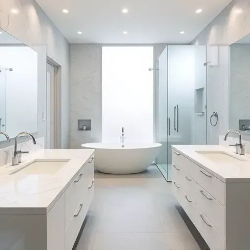 Recently renovated Rockville MD bathroom with white marble countertops, glass shower, freestanding bathtub, and modern design