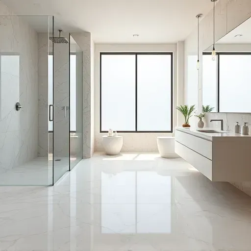 Remodeled Tysons VA bathroom with marble flooring rainfall shower and minimalist vanities in neutral tones
