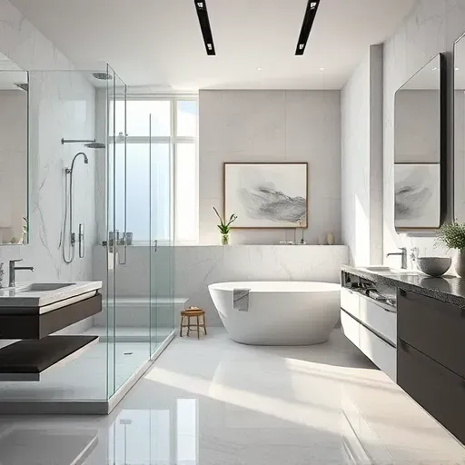 Completed modern bathroom remodel in Bethesda MD with walk-in shower, marble tiles, freestanding tub, and sleek vanity