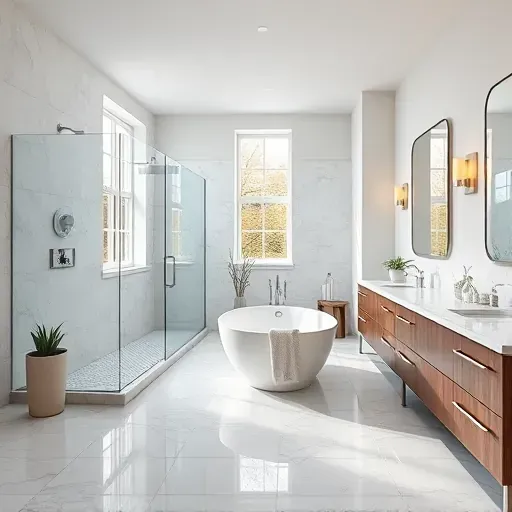 Renovated bathroom in Derwood MD with modern fixtures, spacious glass shower, freestanding tub, and elegant marble countertops.