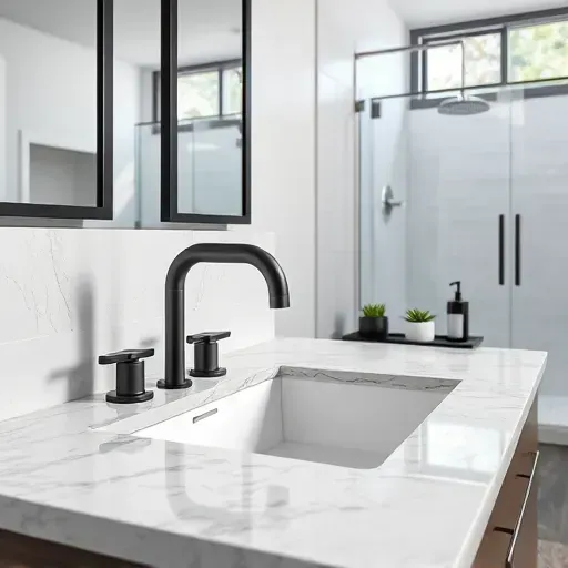 Remodeled modern bathroom with gray and white granite countertop, matte black fixtures, minimalist accessories, and natural lighting.