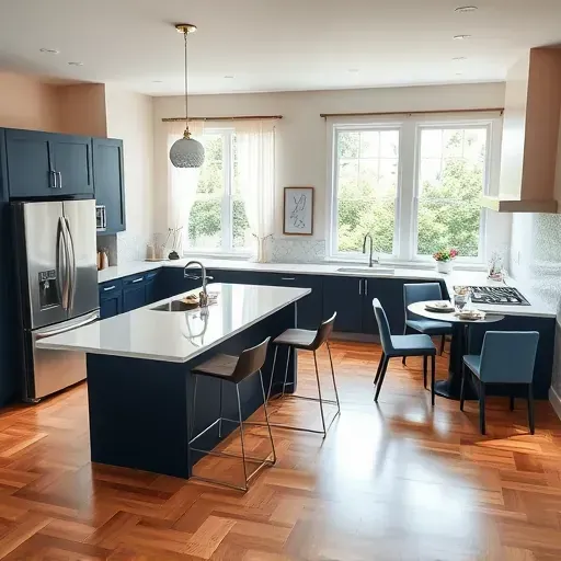 Beautifully remodeled kitchen in Darnestown MD featuring navy cabinetry, quartz countertops, and polished hardwood floors.