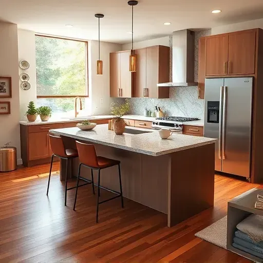 Modern kitchen remodel in Burtonsville MD with high-end appliances, elegant cabinetry, and polished granite countertops.