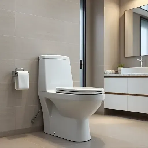 Newly installed modern toilet with chrome fixtures in a sleek, contemporary bathroom with tiled walls and minimal decor