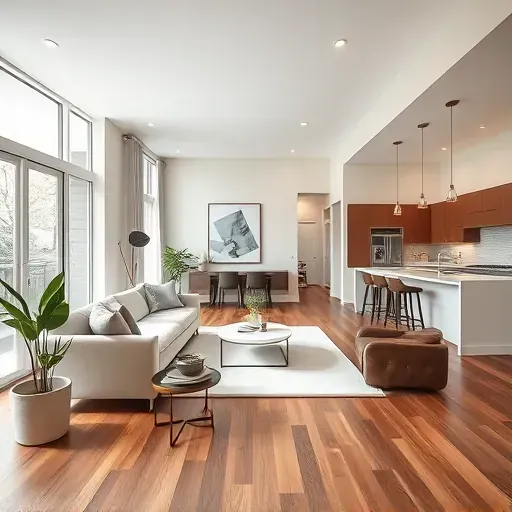 Stylish living room in Oxon Hill MD featuring wooden floors, large windows, minimalist furniture, and modern decor.