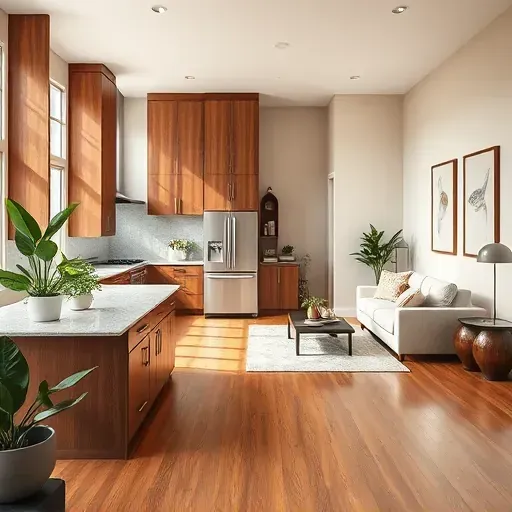 Modern kitchen remodel in Clarksburg MD with walnut cabinetry, granite countertops, and stylish living area decor.