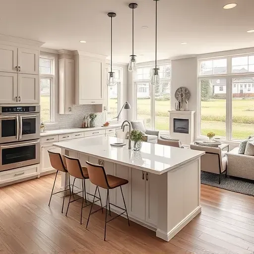 Completed home remodeling in Aspen Hill MD featuring a modern kitchen, spacious island, and inviting living area.